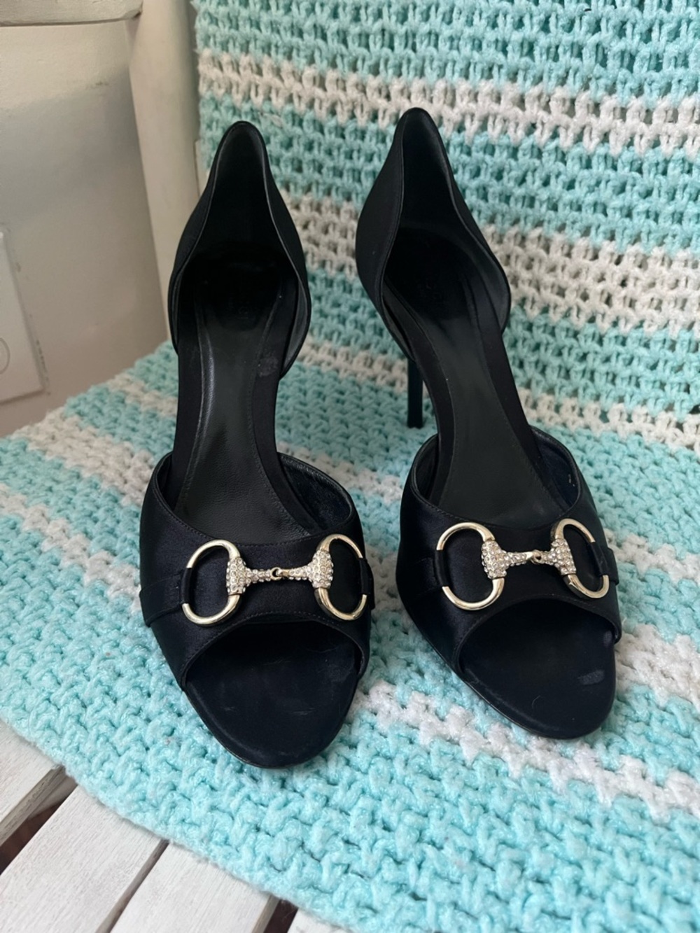 Gucci Black Open-Toe Heels with Gold Horsebit Detail